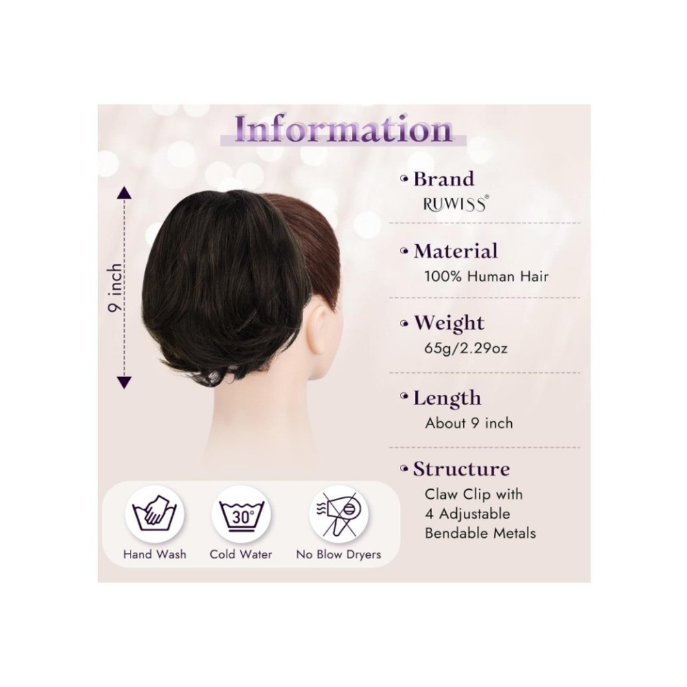 9" Claw Clip Real Human Hair Ponytail Extension Short Messy Bun Dark Brown Updo - Picture 2 of 5